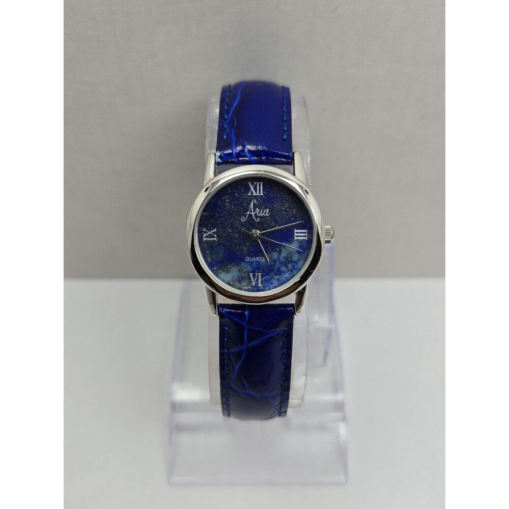 Aria Womens Sterling Silver Lapis Lazuli Blue Leather Gemstone Watch New Battery